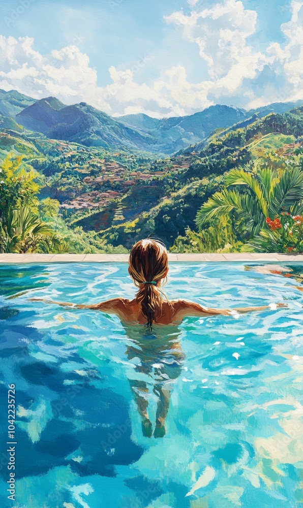 Woman swimming in pool overlooking mountains. Woman swimming in pool overlooking mountains.