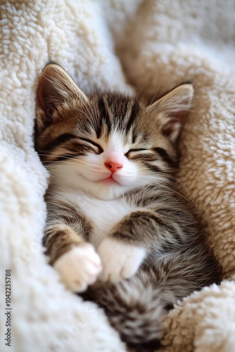 A cozy kitten nestled in a warm blanket during a quiet afternoon nap