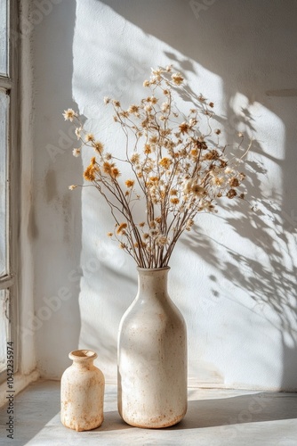 A cozy cafe interior featuring a vase of dried flowers at a wooden table in a...
