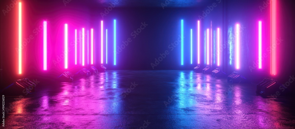 Neon lights in a dark room with a concrete floor reflecting the colors. Neon lights in a dark room with a concrete floor reflecting the colors.