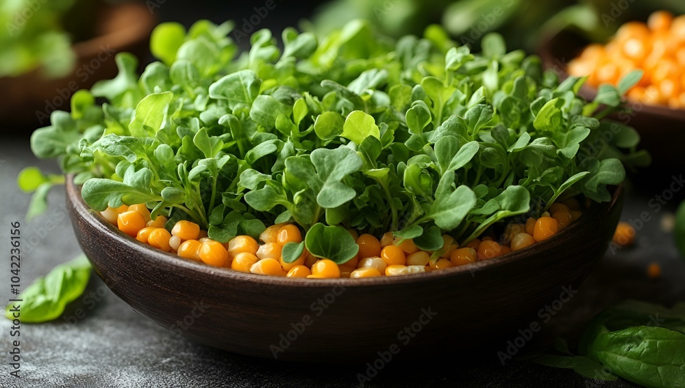 Vibrant Bowl of Fresh Greens with Orange Seeds. Vibrant Bowl of Fresh Greens with Orange Seeds.