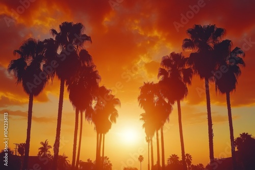 Sunset over palm trees along a coastal road with vibrant colors near the beac...