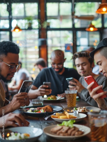 Friends on Phones During Dinner at Restaurant.