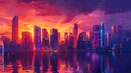 Neon Cityscape at Sunset