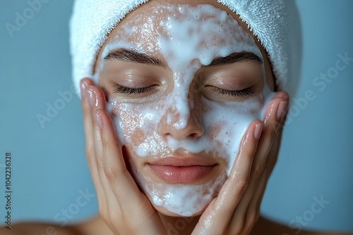 A woman using facial cleanser.