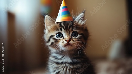 Adorable kitten wearing a colorful party hat at a festive indoor celebration ...