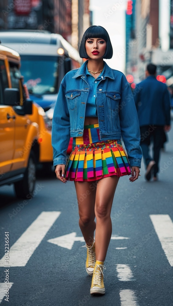 A young Latina woman with a bob haircut wearing a colorful skirt and denim jacket walking on a busy street A young Latina woman with a bob haircut wearing a colorful skirt and denim jacket walking on a busy street