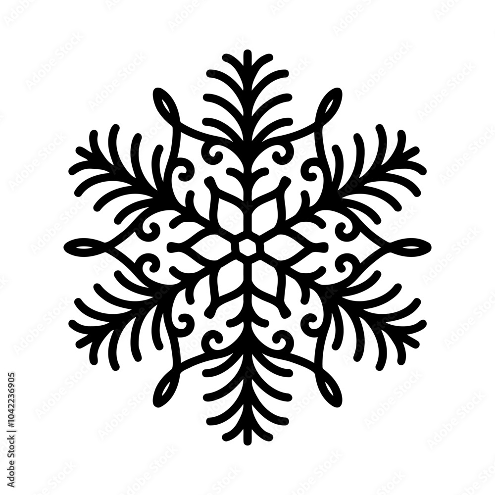 Obraz premium Beautiful snowflake, detailed hand drawn flat vector illustration. Graphic outline drawing. Christmas and New Year symbol. Unique snowflake silhouette icon for frosty winter designs and decorations.