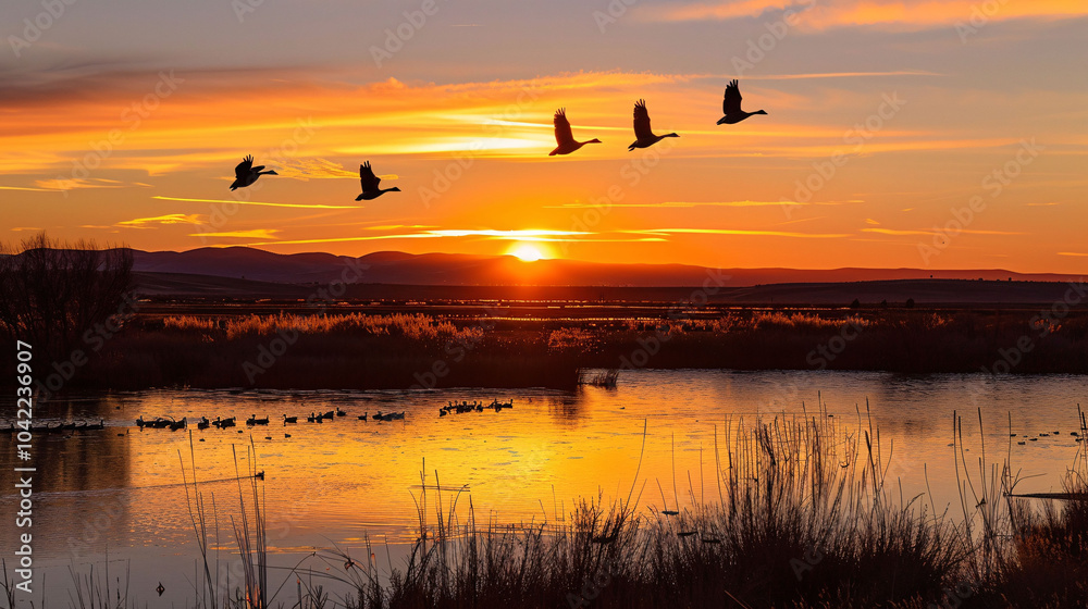 Fototapeta premium Silhouetted Canadian Geese flying at sundown over quiet Winter pond on wildlife refuge, San Joaquin Valley, California