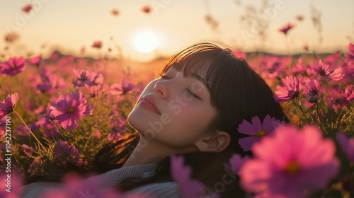 Young woman relaxing in a field of pink flowers under a bright blue sky on a ...