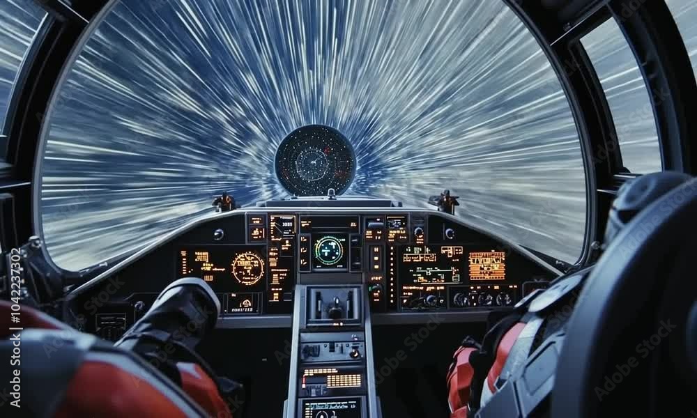 Spaceship cockpit view of a hyperspace jump