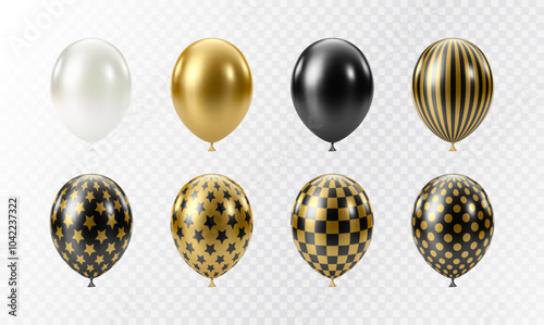 Black Gold balloons set. Luxury realistic balloons. 3D glossy dotted pattern