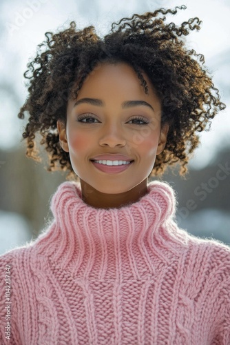 Young woman in a pink sweater smiles warmly against a snowy winter backdrop a...