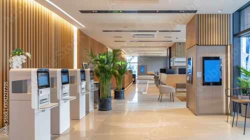 Modern Lobby Interior with Self-Service Kiosks.