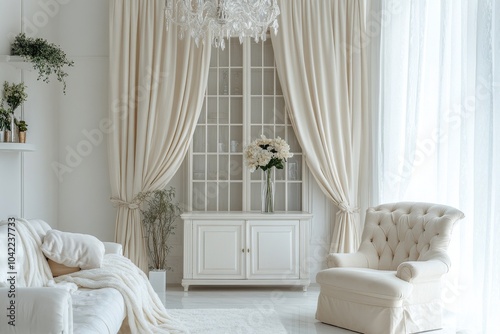 Elegant living room with large windows and bright natural light in a serene e...