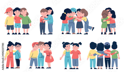Kids friends hugs. Warming friendly hug between little children. Kindergarten or preschool friendship. Toddlers support each other recent vector set