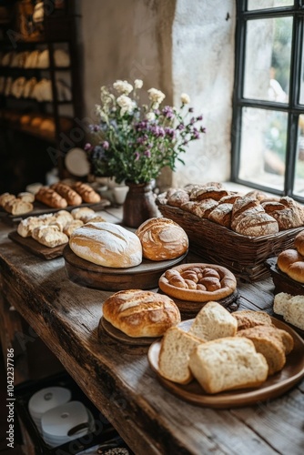 Freshly baked bread and pastries displayed on a rustic wooden table in a cozy...