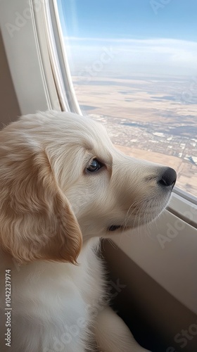 Puppy looking out of an airplane window during a flight over the countryside ...