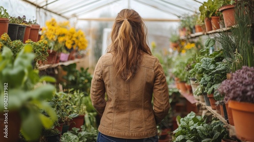 Young woman tending to plants in a vibrant greenhouse on a sunny day
