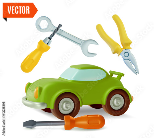 3d Fix and Repair Concept Car and Tools Floating Around Cartoon Design Style. Vector illustration of Checking Auto