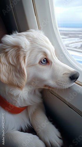 Puppy looking out of an airplane window during a flight over the countryside ...
