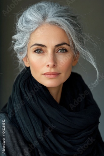 A woman with elegant gray hair wearing a black scarf poses against a neutral ...