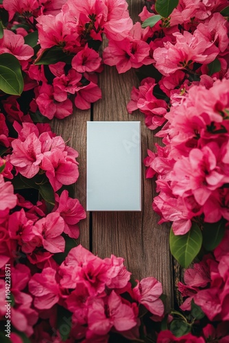A serene setting of blooming azaleas surrounding a blank box by the window du...