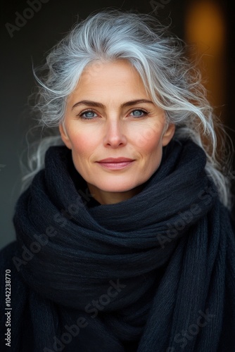 A woman with elegant gray hair wearing a black scarf poses against a neutral ...