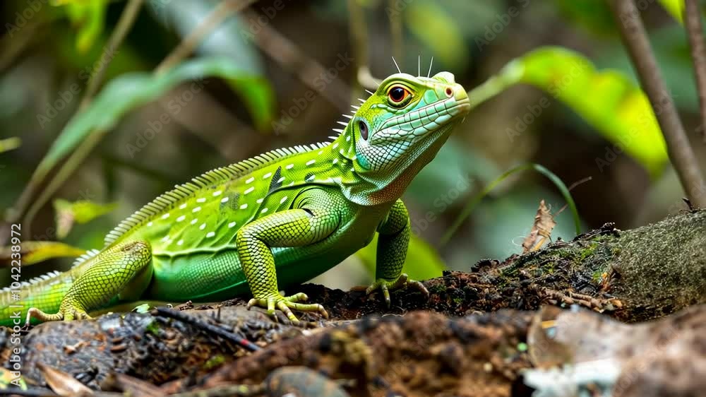 Green lizard resting on mossy ground in tropical rainforest Green lizard resting on mossy ground in tropical rainforest