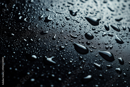 Water drops on black background. Raindrops banner. Top view.