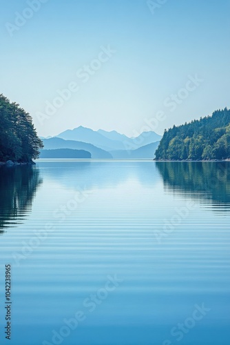 Tranquil lake with turquoise waters reflecting the serene sky and distant mou...