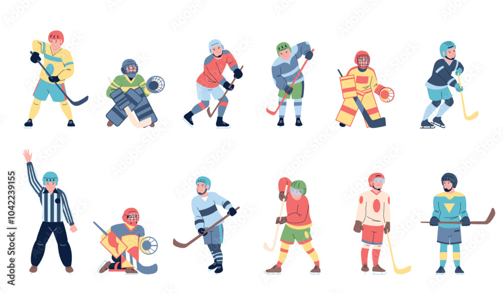 Hockey players. Men holding hockey sticks, forwards and goalkeepers in uniform. Sport characters on training, flat athletes team recent vector set Hockey players. Men holding hockey sticks, forwards and goalkeepers in uniform. Sport characters on training, flat athletes team recent vector set