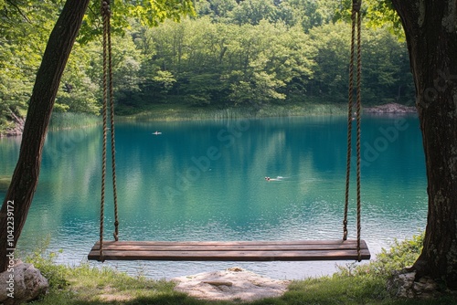 A wooden swing hanging by the calm blue lake surrounded by lush green trees d...