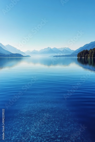Tranquil lake with turquoise waters reflecting the serene sky and distant mou...