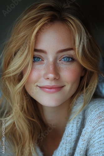Young woman with flowing blonde hair smiles warmly in a cozy indoor setting d...