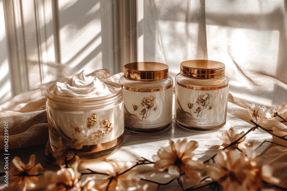 Three jars of lotion are displayed on a table with a floral arrangement in the background. The lotion jars are all different colors and have gold lids. The floral arrangement adds a touch of nature Three jars of lotion are displayed on a table with a floral arrangement in the background. The lotion jars are all different colors and have gold lids. The floral arrangement adds a touch of nature