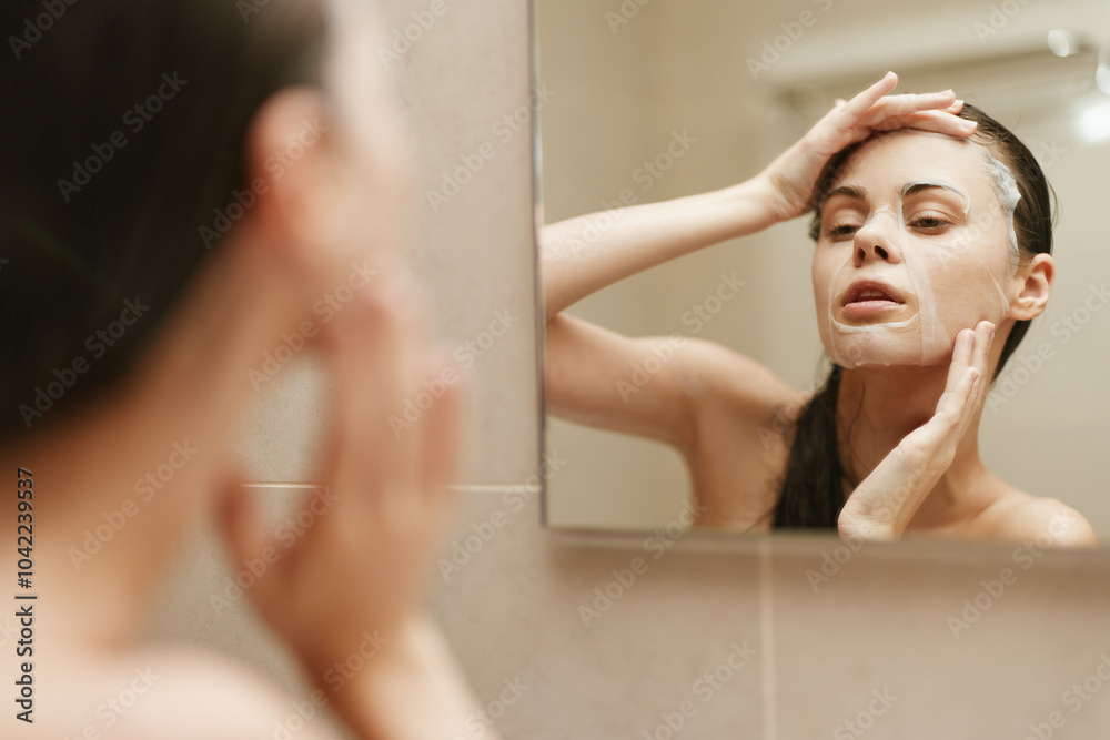 Young woman applying face mask in front of mirror, focusing on skincare routine and self-care at home. Daily beauty practice and wellness theme.