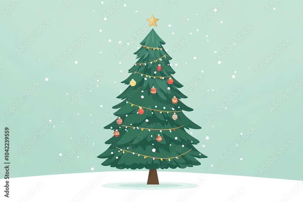 Stylized Christmas tree with decorations under snowfall Stylized Christmas tree with decorations under snowfall