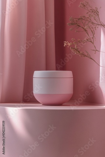 Decorative arrangement of vases and branches on a pink mantelpiece during day...