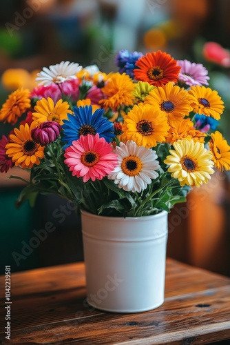 A vibrant bouquet of colorful flowers in a white pot on a rustic wooden table...