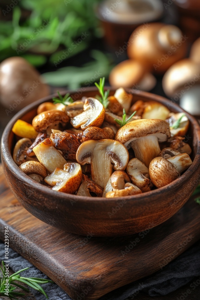 Sauted mushrooms served in a wooden bowl on a rustic table with herbs and spices Sauted mushrooms served in a wooden bowl on a rustic table with herbs and spices