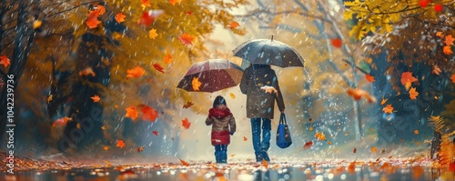Parent and children holding an umbrella, walking through rainy autumn scenery with glowing raindrops. Free copy space for banner.
