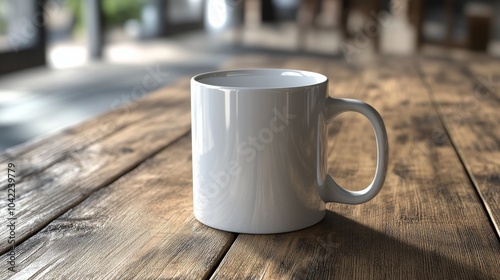 A simple white mug resting on a rustic wooden table in a cozy setting during ...