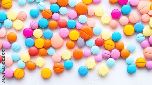 Colorful tablets on white background for pharmaceutical prescription concept