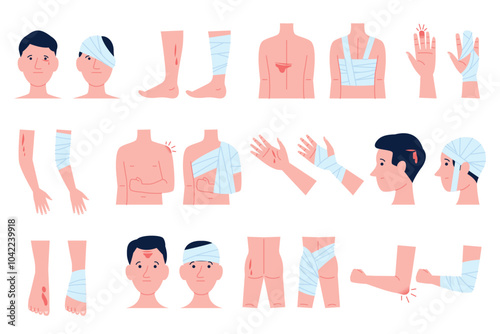 Applying bandages. Various human body parts with bandage. Ambulance first aid, medical help to injury bruise wounds, recent vector elements