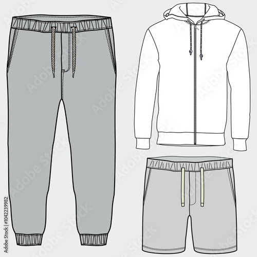 Silhouettes or technical lines of sweatshirts for both men and women for seasonal clothing, some with an opening in the front, bag and hood.