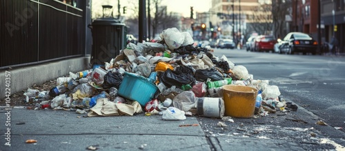 A pile of trash sits on the sidewalk in a city street.