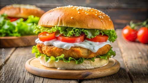 Crispy Fish Burger with Tarter Sauce, Lettuce, Tomato on a Brioche Bun 