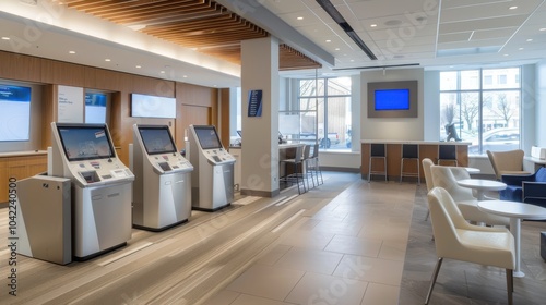Modern Bank Lobby with ATM Machines and Seating.