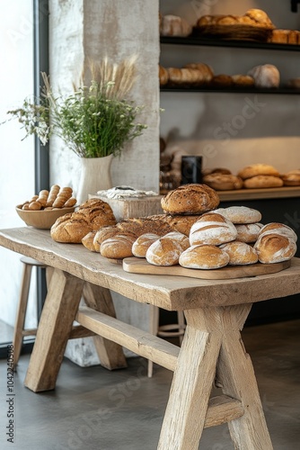 Freshly baked bread and pastries displayed on a rustic wooden table in a cozy...